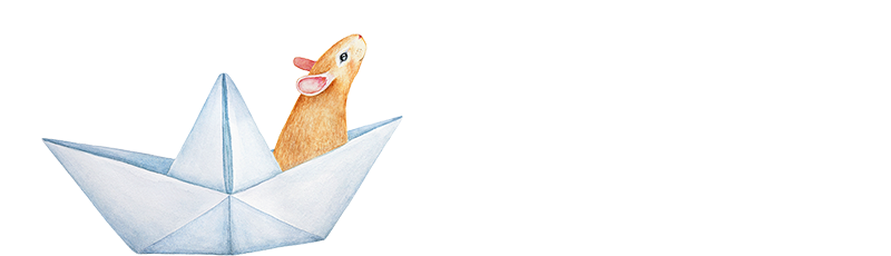 Watercolor of a paper boat with a brown mouse at the bow, leaning forward, as if peering bravely into the future of his intrepid journey.